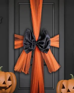 Party Delights Outdoor Decorations<Black & Orange Chiffon Door Bow