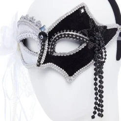 Black & White Masquerade Mask With Feathers & Beads<Party Delights Discount