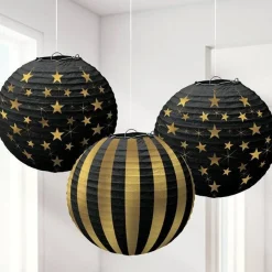 Black And Gold Hanging Paper Lanterns (3Pk)<Party Delights Online