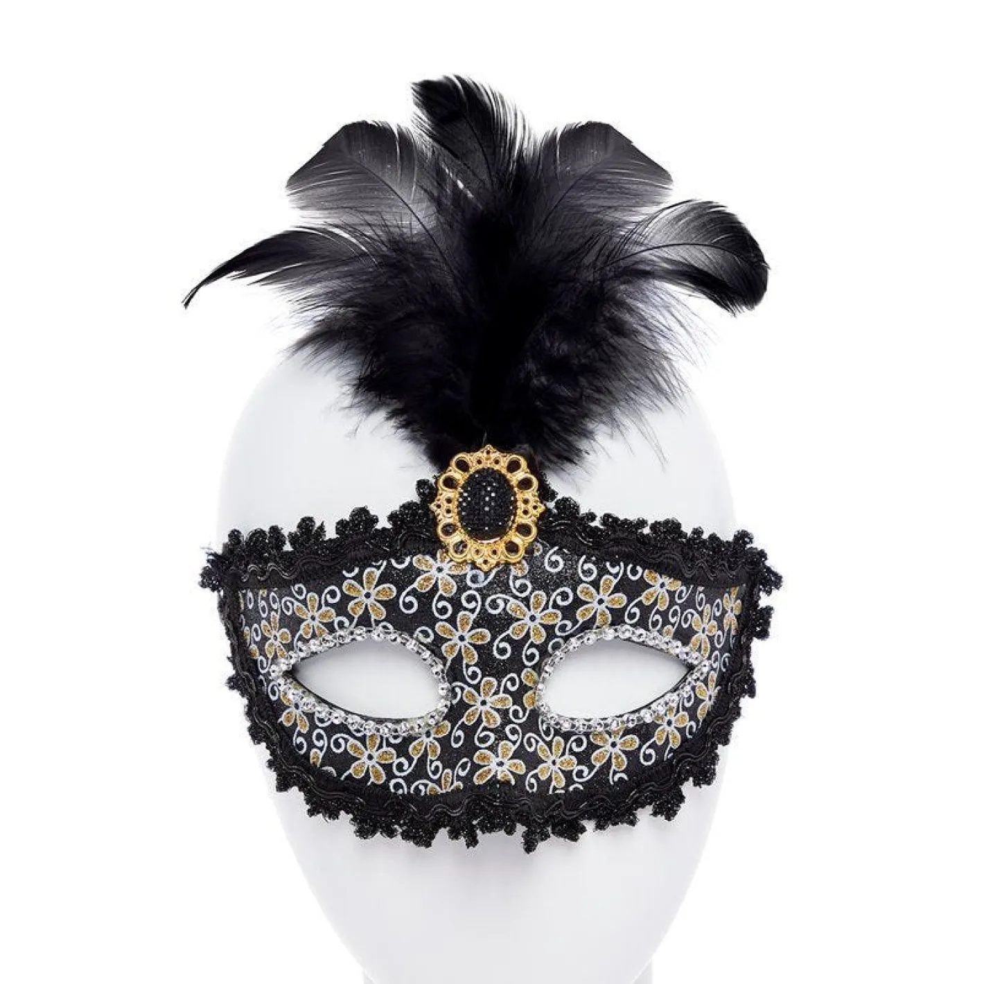 Black Glittery Masquerade Mask With Tall Feather & Gem<Party Delights Hot
