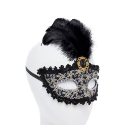 Black Glittery Masquerade Mask With Tall Feather & Gem<Party Delights Hot