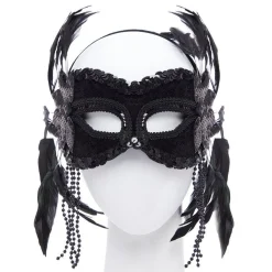 Black Masquerade Mask With Feathers & Beads<Party Delights Clearance