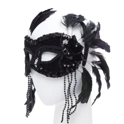 Black Masquerade Mask With Feathers & Beads<Party Delights Clearance