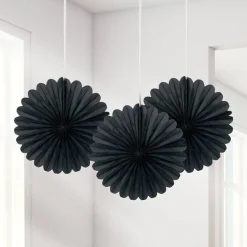 Black Mini Paper Fan Decorations - 15Cm (3Pk)<Party Delights Outlet