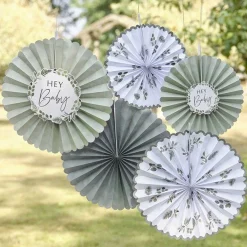 Botanical 'Hey Baby' Paper Fan Decorations (5Pk)<Party Delights