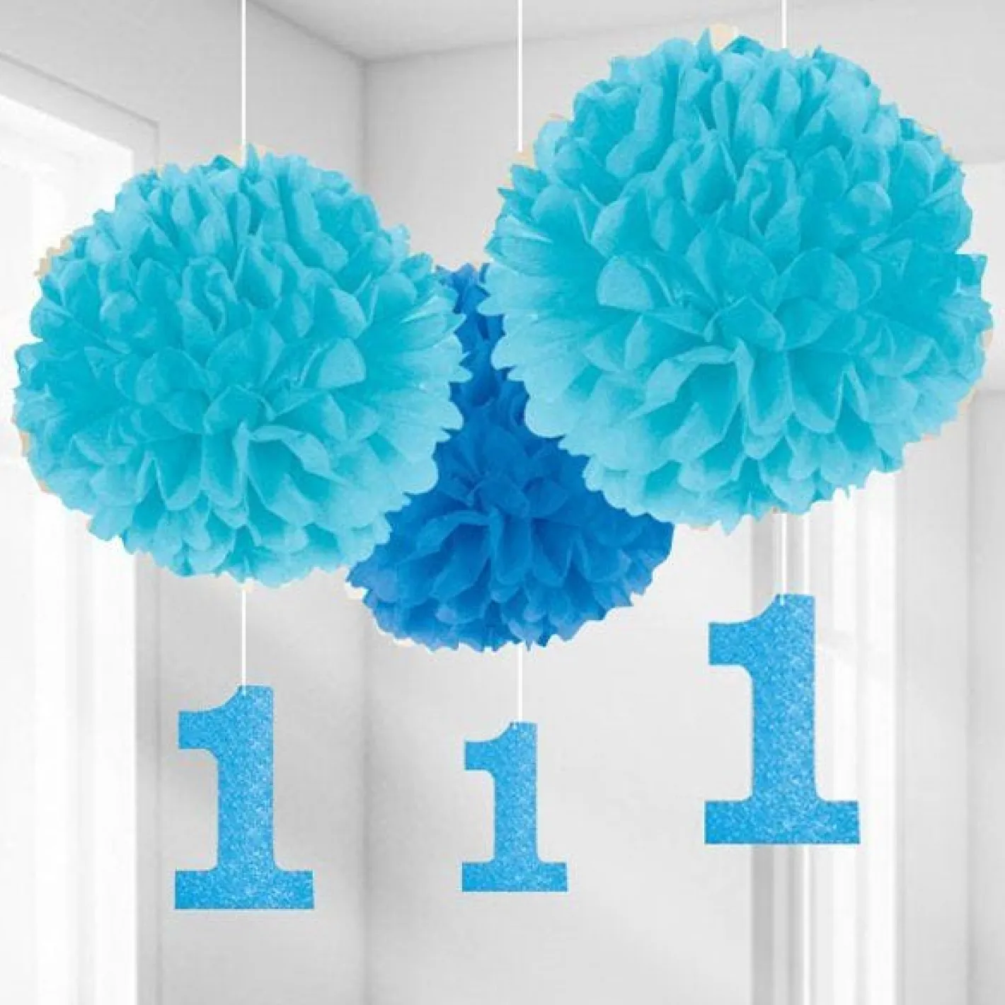 Boy's 1St Birthday Pom Pom Decorations - 40Cm (3Pk)<Party Delights Online