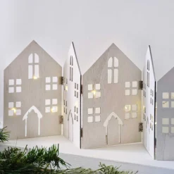Party Delights Scene Setters<Fold Out Houses Wooden Christmas Decoration With String Lights