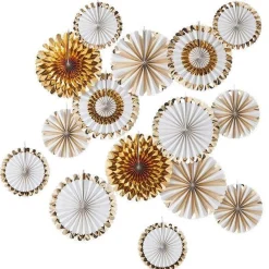 Gold & White Paper Fan Decorations (15Pk)<Party Delights