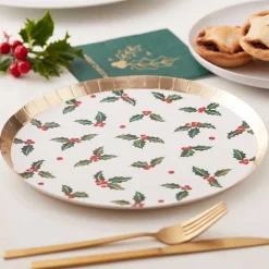 Party Delights Tableware<Gold Foiled Holly Leaf Paper Plates - 24Cm (8Pk)