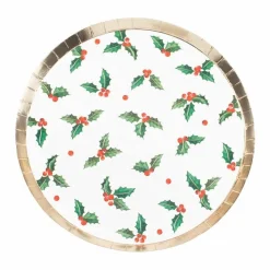Party Delights Tableware<Gold Foiled Holly Leaf Paper Plates - 24Cm (8Pk)