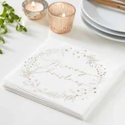 Party Delights Tableware<Gold Foiled Merry Christmas Wreath Paper Napkins - 33Cm (16Pk)