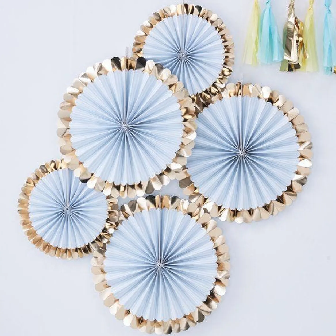 Gold Foiled Pastel Blue Paper Fan Decorations - 38Cm (5Pk)<Party Delights Discount