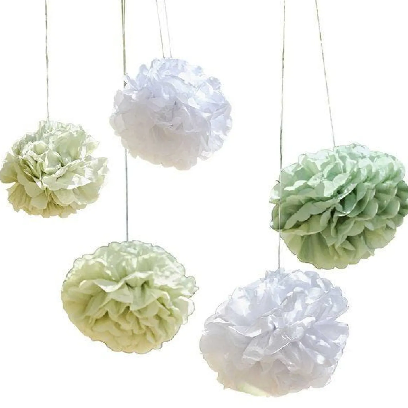 Green And White Paper Pom Pom Decorations (5Pk)<Party Delights Hot