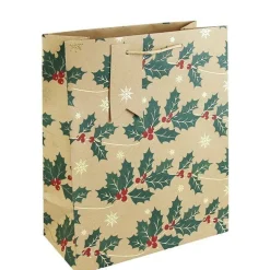 Party Delights Gift Wrapping<Kraft Holly Large Gift Bag - 33Cm X 26.5Cm