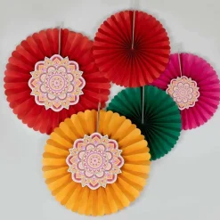 Multicoloured Diwali Paper Fan Decorations (5Pk)<Party Delights Clearance