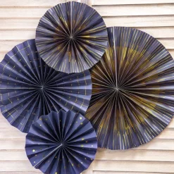 Navy Blue & Gold Mix Fan Decorations (4Pk)<Party Delights