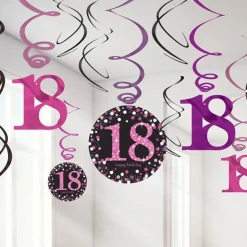 Pink Age 18 Hanging Swirls - 45Cm (12Pk)<Party Delights Clearance