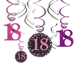 Pink Age 18 Hanging Swirls - 45Cm (12Pk)<Party Delights Clearance