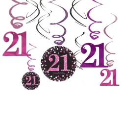 Pink Age 21 Hanging Swirls - 45Cm (12Pk)<Party Delights Hot