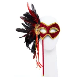Red & Gold Masquerade Mask On Stick With Feathers<Party Delights Best