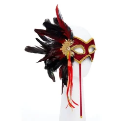 Red & Gold Masquerade Mask On Stick With Feathers<Party Delights Best