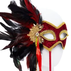 Red & Gold Masquerade Mask On Stick With Feathers<Party Delights Best