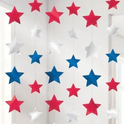 Red, Silver & Blue Star Hanging Strings Decorations - 2.1M (6Pk)<Party Delights Clearance