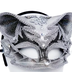Silver & Black Jewelled Cat Masquerade Mask<Party Delights