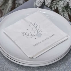 Party Delights Tableware<Silver Holly Merry Christmas Paper Napkins - 25Cm (16Pk)
