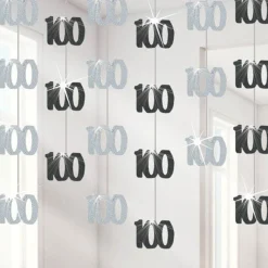 100Th Birthday Black Hanging Decorations - 5Ft Party Decorations (6Pk)<Party Delights