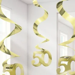 50Th Gold Foil Hanging Swirls - 61Cm (5Pk)<Party Delights Outlet