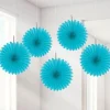 Turquoise Paper Fan Decorations - 15Cm (5Pk)<Party Delights Clearance