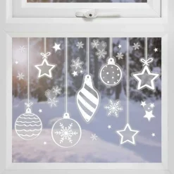 Party Delights Snowflake Decorations<White Bauble, Star & Snowflake Christmas Window Sticker Sheets (3Pk)