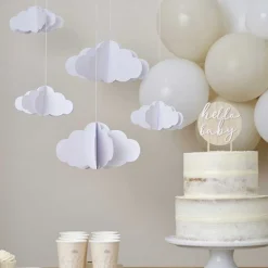 White 3D Clouds Paper Hanging Decorations (5Pk)<Party Delights Sale