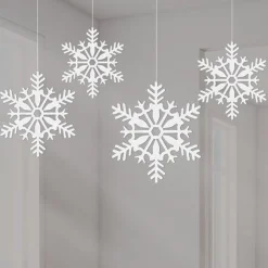 White Glitter Snowflake Hanging Decorations - 10Cm (4Pk)<Party Delights Online