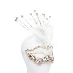 White Masquerade Mask With Sequins, Glitter & Feathers<Party Delights Clearance