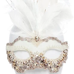 White Masquerade Mask With Sequins, Glitter & Feathers<Party Delights Clearance