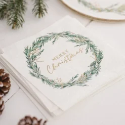 Party Delights Tableware<White Merry Christmas Wreath Paper Napkins - 33Cm (16Pk)