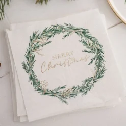 Party Delights Tableware<White Merry Christmas Wreath Paper Napkins - 33Cm (16Pk)