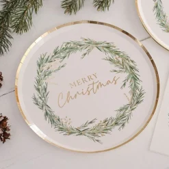 Party Delights Tableware<White Merry Christmas Wreath Paper Plates - 24Cm (8Pk)