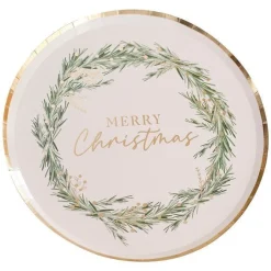 Party Delights Tableware<White Merry Christmas Wreath Paper Plates - 24Cm (8Pk)