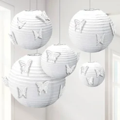 White Paper Lanterns With Butterfly Attachments (5Pk)<Party Delights
