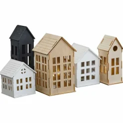Wooden Light Up Houses Christmas Decorations (5Pk)<Party Delights New